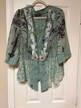 Violet Kay Sage Green 2pc Twin Set Sheer Floral Lace Cardigan Blouse